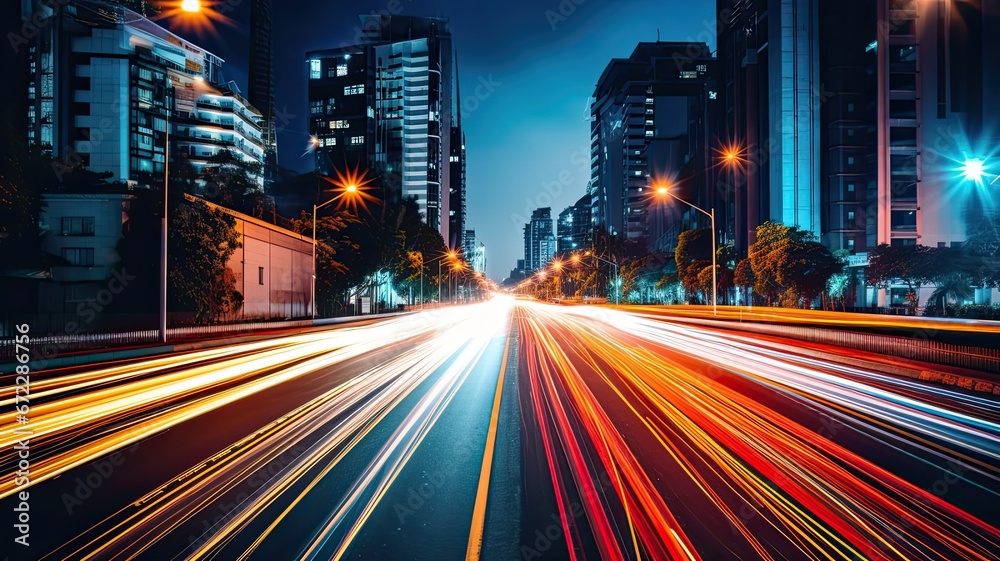 Fototapeta premium Long exposure photograph of car lights on a busy urban road at night, creating mesmerizing light trails