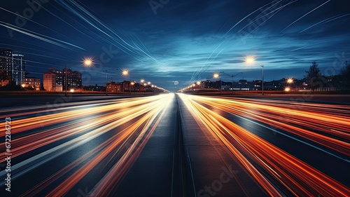 Long exposure photograph of car lights on a busy urban road at night, creating mesmerizing light trails