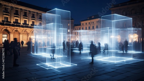 A city square transformed by a temporary light motion art exhibit  illustrating the impact of such installations on urban spaces