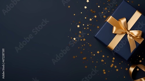 Top view of dark blue gift box with golden ribbon bow on dark blue background with copy space © NOMI