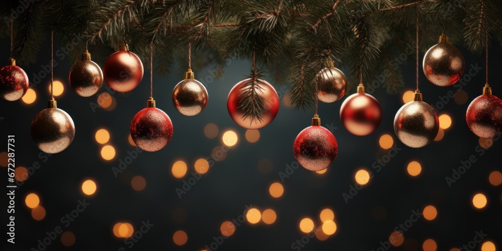 christmas decorations on spruce tree - obrazy, fototapety, plakaty 