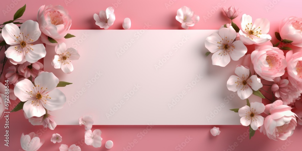 white pad with pink roses paper and blossoms on pink background white pad with pink roses paper and blossoms on pink background