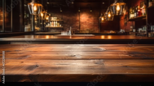 An empty wooden counter table top for product display in a pub or bar. © sirisakboakaew