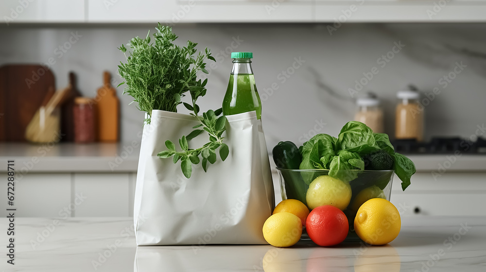 Eco friendly reusable shopping bag with fresh vegetables on marble table in kitchen. High quality photo. 
