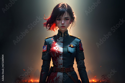 A girl in a military uniform against the background of smoke, sparks, fires