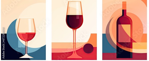 poster type design with wine, liquor bottle, glasses, grape or, in the style of contemplative minimalist abstractions Generative AI