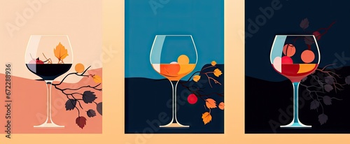 3 beautiful flat design illustrations of wine, drink glasses and branches Generative AI