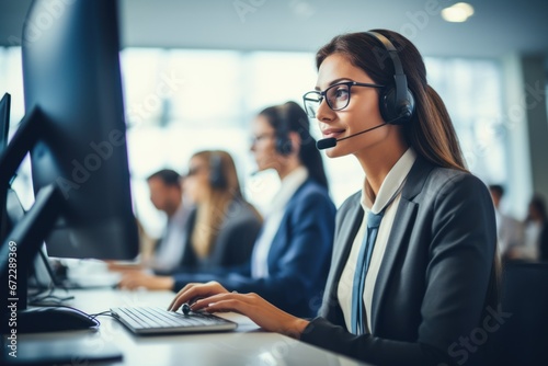 Business people wearing headset working in office to support remote customer or colleague. Call center photo