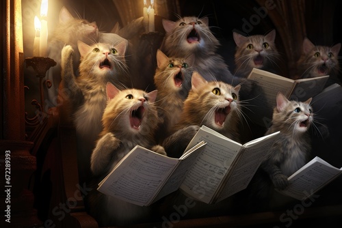 A choir of cats singing gospel in a cathedral. photo