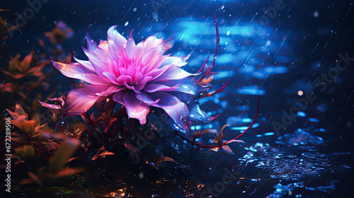  a pink flower sitting on top of a puddle of water.  generative ai