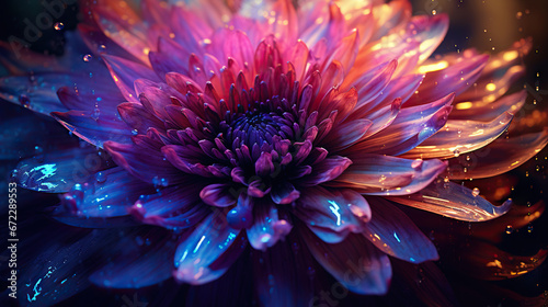  a close up of a purple flower with water droplets on it.  generative ai © Shanti