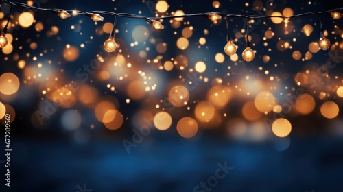 christmas holiday illumination and decoration concept - christmas garland bokeh lights over dark blue background photo