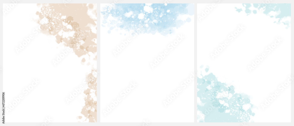 Set of 3 Delicate Abstract Watercolor Painting Style Vector Layouts. Light Beige and Light Ice Blue Paint Stains on a White Background. Pastel Color Stains and Splatter Print with Copy Space. RGB.