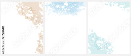 Set of 3 Delicate Abstract Watercolor Painting Style Vector Layouts. Light Beige and Light Ice Blue Paint Stains on a White Background. Pastel Color Stains and Splatter Print with Copy Space. RGB.