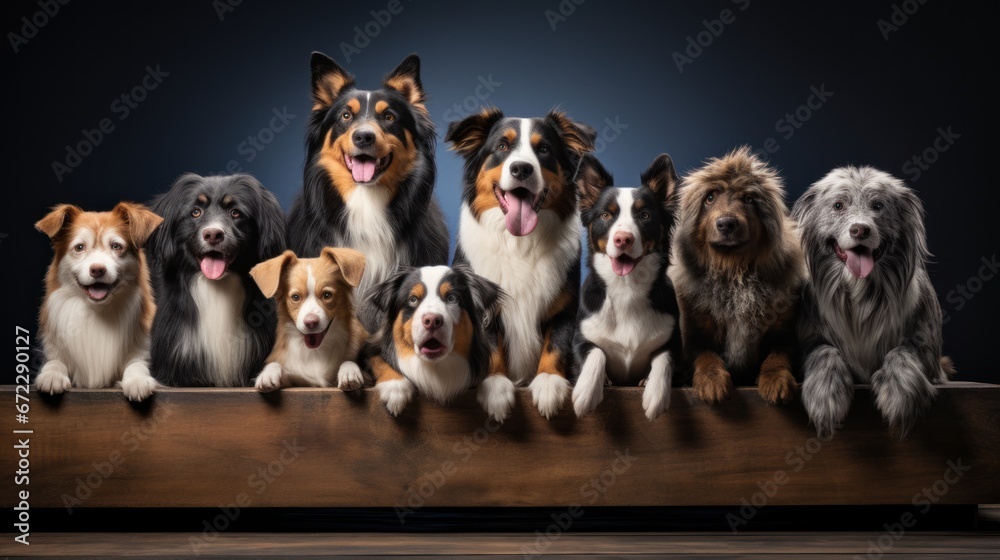 Group portrait of dogs of various shapes, sizes, and breeds. Stray pets with happy expression