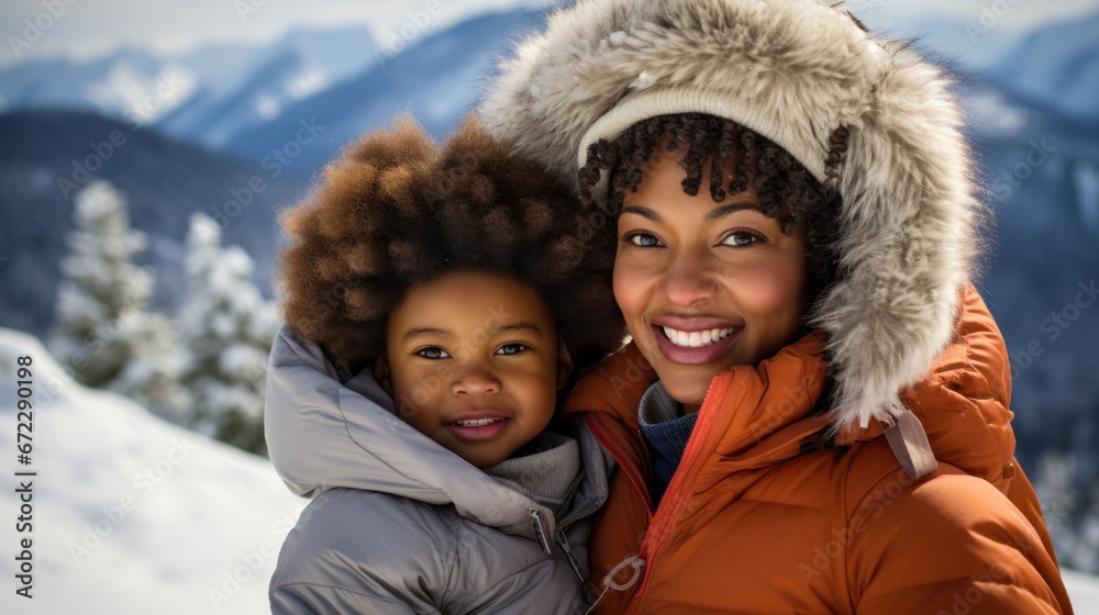 Happy african american mother and daughter in winter clothes.