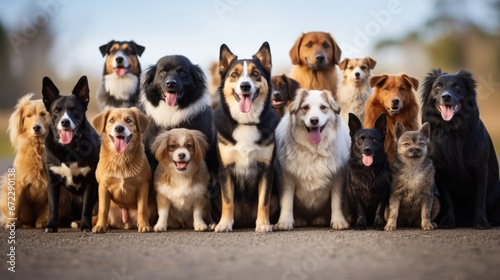 Group portrait of dogs of various shapes, sizes, and breeds. Stray pets with happy expression