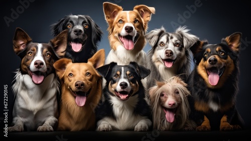 Group portrait of dogs of various shapes, sizes, and breeds. Stray pets with happy expression © sirisakboakaew