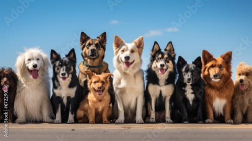 Group portrait of dogs of various shapes, sizes, and breeds. Stray pets with happy expression