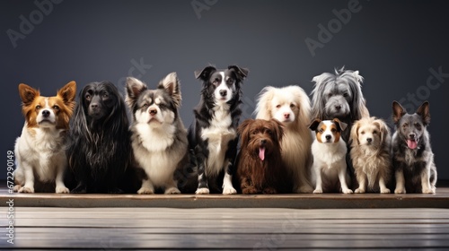 Group portrait of dogs of various shapes, sizes, and breeds. Stray pets with happy expression