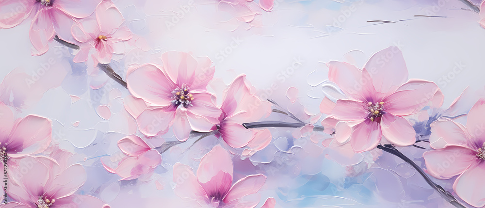 Watercolor painting of cherry blossom branch with pink flowers on blue background. greeting card watercolor