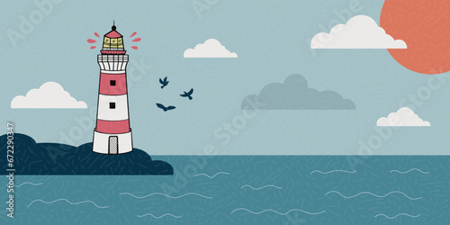 Lighthouse on seashore flat vector illustration. Island pharos, lighthouse, seascape, signal building on the seaside. Hand drawn