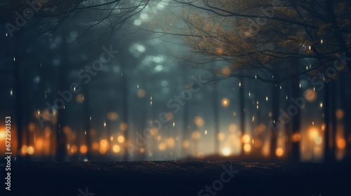 Ethereal Mysterious Forest Background at Night Time with Fireflies and Warm Lights, Room for Copy, Dark and Moody