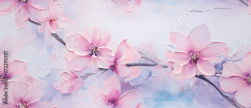 Watercolor painting of cherry blossom branch with pink flowers on blue background. greeting card watercolor © JensDesign