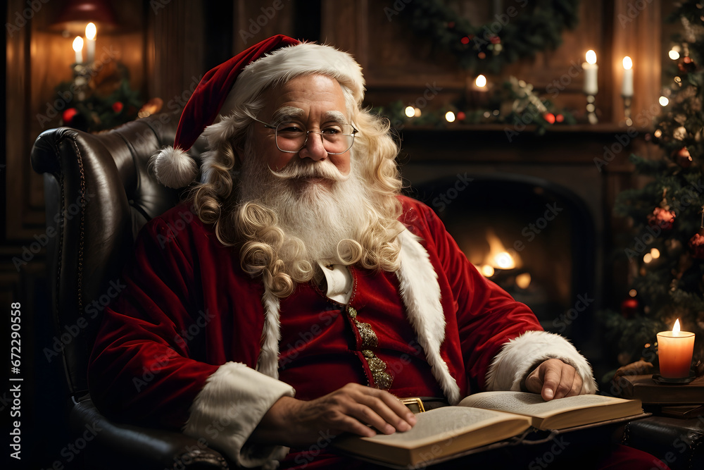 Santa Claus sits in a rustic armchair in a room with a fireplace and a Christmas tree and reads a book