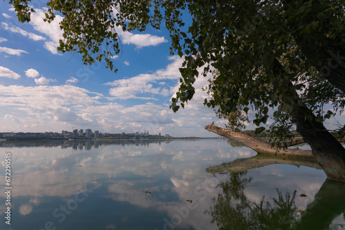 Dnipro is a city at the junction of the center, east and south of Ukraine, the administrative center of the Dnepropetrovsk region. Panoramic view of the right bank of the city