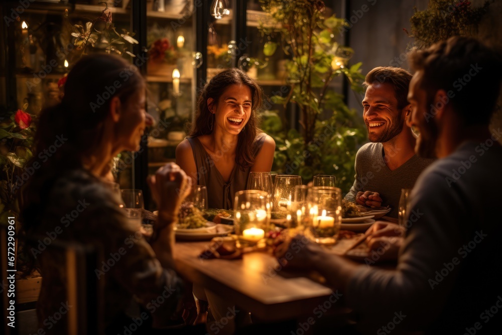 Happy friends enjoying dinner party at yard