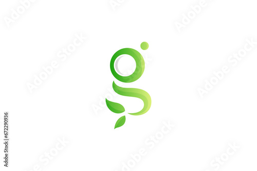 Initial lowercase letter g logo with natural leaf decoration in simple monogram design green color