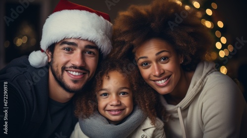 An interracial family having fun at home for Christmas, together, sitting on the floor, playing.