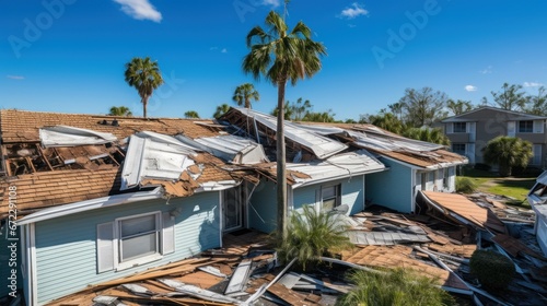 Hurricane force winds destroy roofs of suburban homes in mobile home neighborhoods in Florida. photo