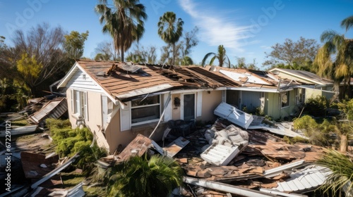 Fotografia Hurricane force winds destroy roofs of suburban homes in mobile home neighborhoods in Florida