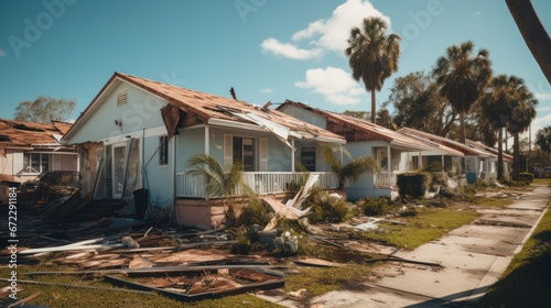 Hurricane force winds destroy roofs of suburban homes in mobile home neighborhoods in Florida.