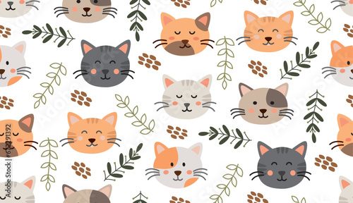 Seamless pattern with flat cute cats and plants. Vector cartoon backdrop. 