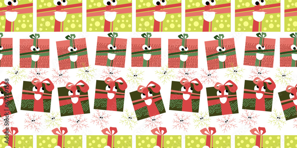 Fototapeta premium Vector seamless pattern on a white isolated background with beautiful merry boxes, Christmas tree branches, New Year toys, balls and stars