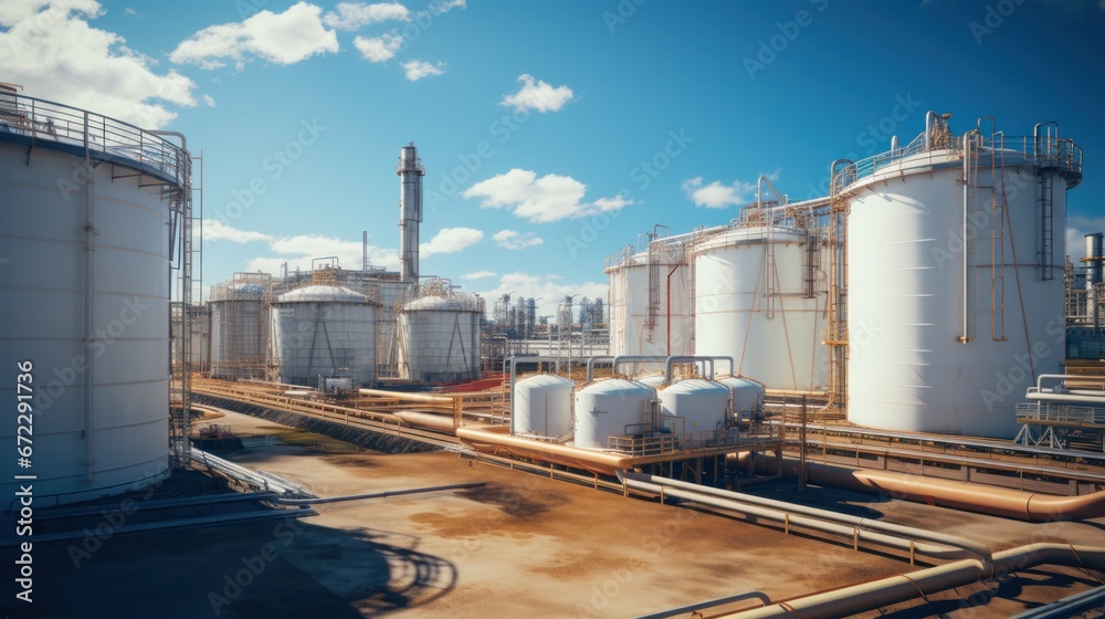 Obraz premium Large storage tanks and silos used for storing raw materials in an industrial facility.