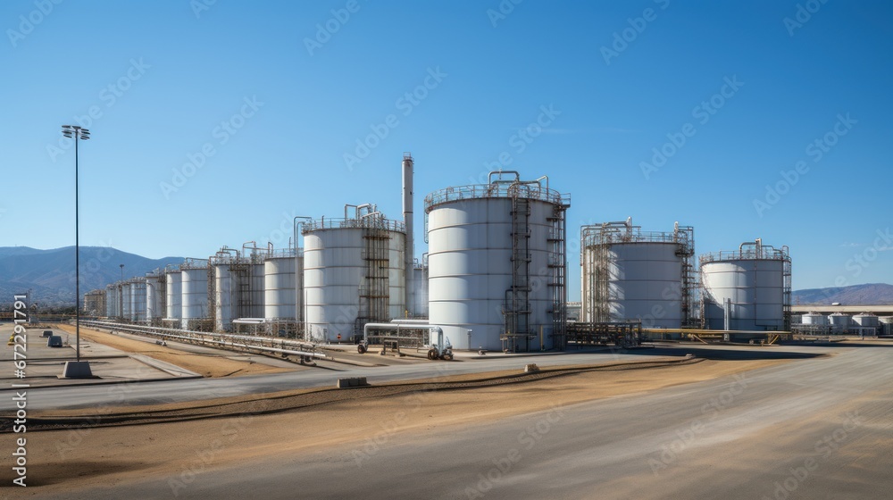 Large storage tanks and silos used for storing raw materials in an industrial facility. Large storage tanks and silos used for storing raw materials in an industrial facility.