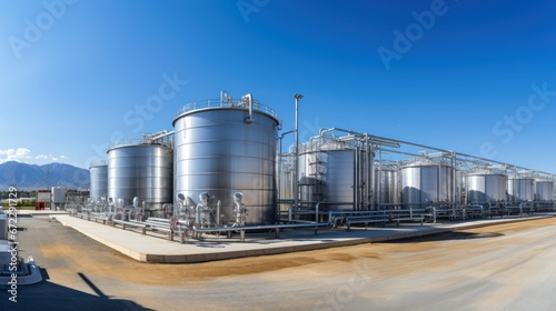 Large storage tanks and silos used for storing raw materials in an industrial facility.