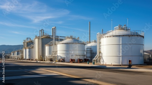Large storage tanks and silos used for storing raw materials in an industrial facility.