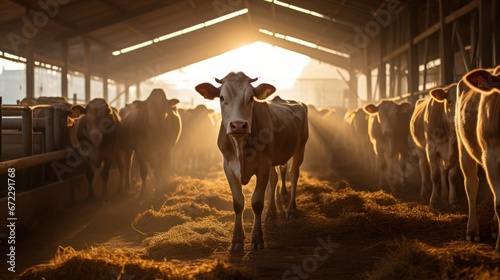 large village cowshed, cows standing inside cowshed illuminated morning © sirisakboakaew