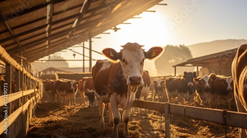 large village cowshed, cows standing inside cowshed illuminated morning photo