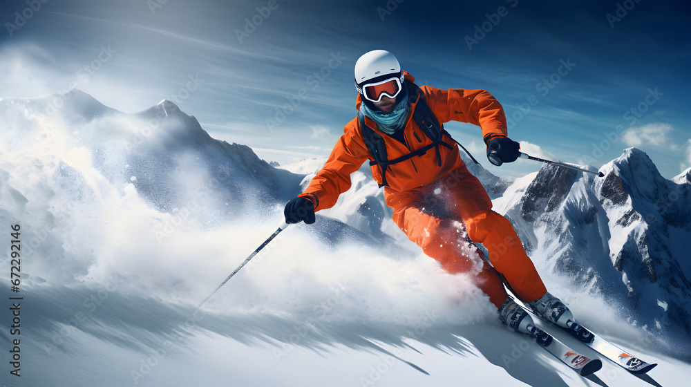 enjoying skiing, ski resort, skier jumping, winter holiday concept, Extreme winter sports, Slope skiing, Traveling concept background, theme recreation, professional skier