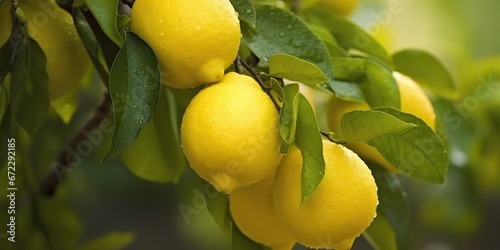 AI Generated. AI Generative. Fresh raw organic harvest farming yellow lemon on green tree branch. Graphic Art