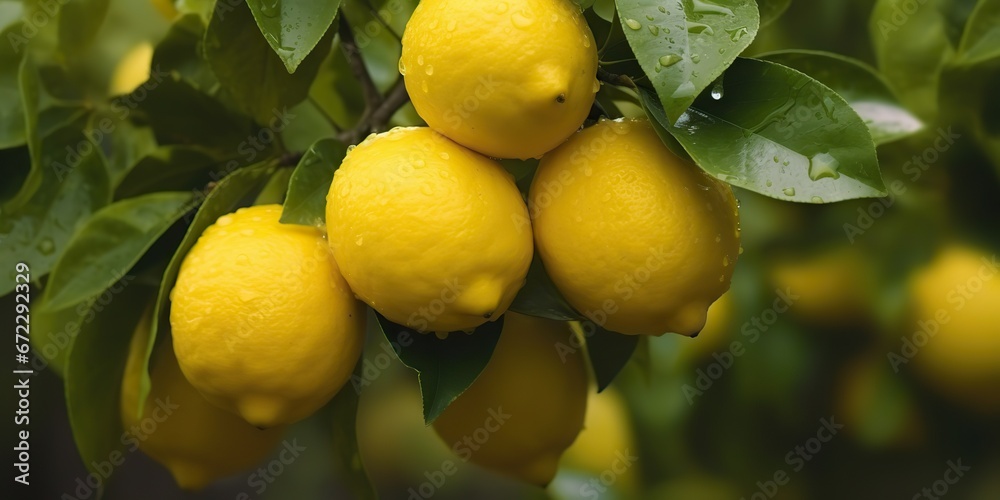 AI Generated. AI Generative. Fresh raw organic harvest farming yellow lemon on green tree branch. Can be used for local market seasonoal promotion