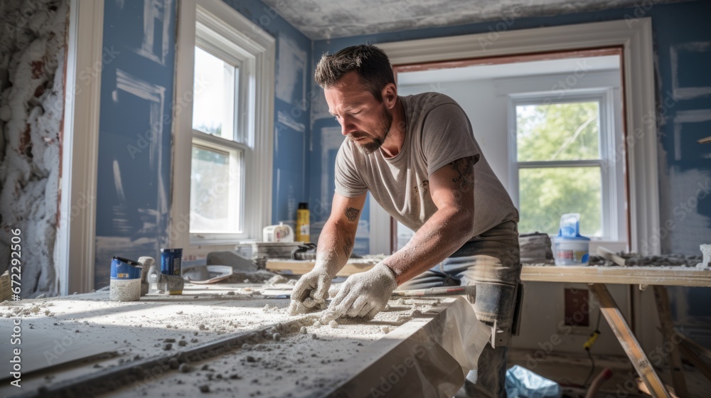 Man plastering drywall in a private house. Man plastering drywall in a private house.