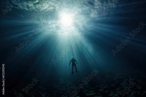 In this captivating underwater photograph, the silhouette of a lone diver is suspended in the deep blue sea. The rays of the sun penetrate the surface, creating a stunning display of light that reache