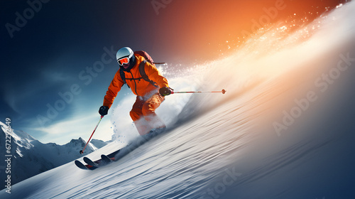 enjoying skiing, ski resort, skier jumping, winter holiday concept, Extreme winter sports, Slope skiing, Traveling concept background, theme recreation, professional skier